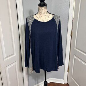 Le Lis Womens Large Navy Mixed Media High Low Top Printed Back Long Sleeve